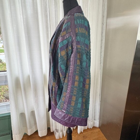 Vintage 80s blazer, purple, teal knit, leather lapels, waist band & cuffs, 10/12 - Picture 3 of 14